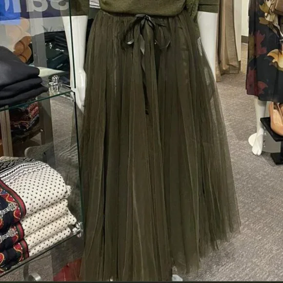 QUIRKY GOTH BOHO HIPPY FAIRIE WEDDING OLIVE GREEN MAXI PULL ON TULLE SKIRT M/L